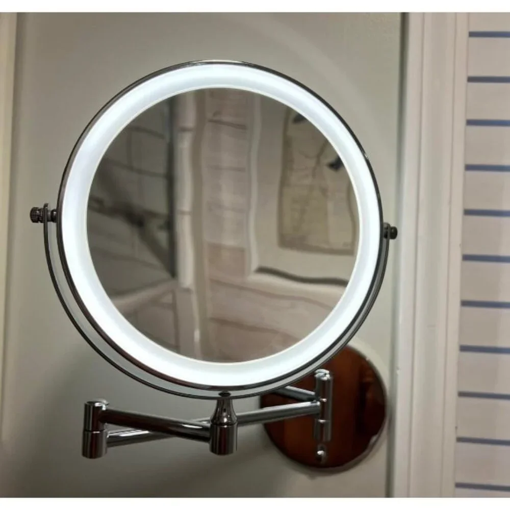 Rechargeable Wall Mounted Lighted Makeup Mirror Chrome, 8 Inch Double-Sided LED